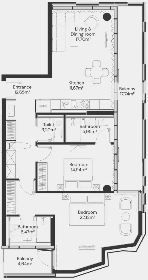 John Richmond District 1 bed floor plan, 1,106 sqft