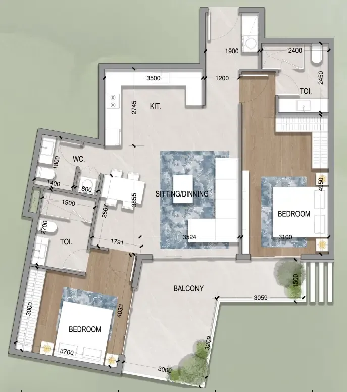 Oasis Residences 2 bed floor plan, 1,241 sqft