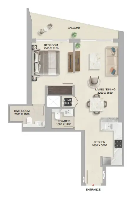 The Tranquil at Sobha Central 1 bed floor plan, 743 sqft