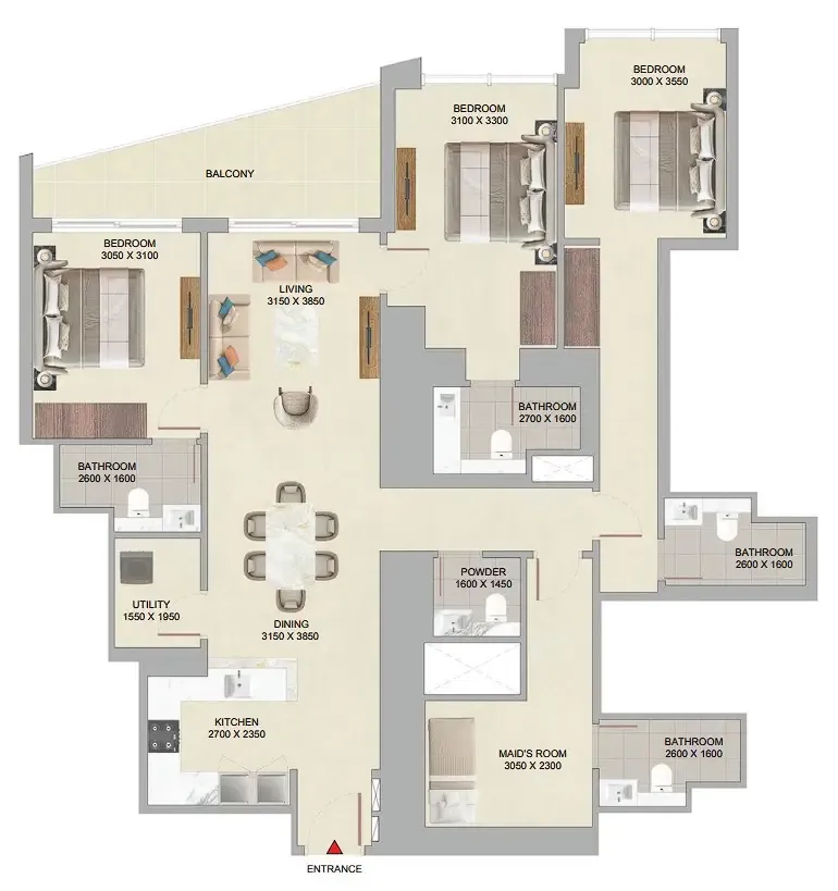 The Serene at Sobha Central 3 bed floor plan, 1,669 sqft