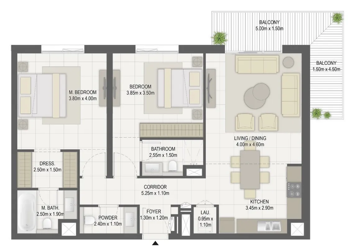Layla Residences 2 bed floor plan, 1,186 sqft
