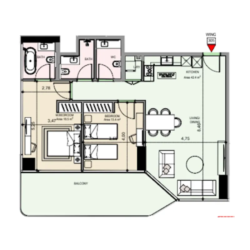 Edgewater Residences 1, 2 and 3 2 bed floor plan, 1,029 – 1,264 sqft