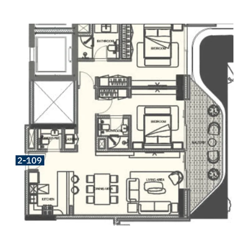 The Blue Beach Residence 2 bed floor plan, 1,370 sqft