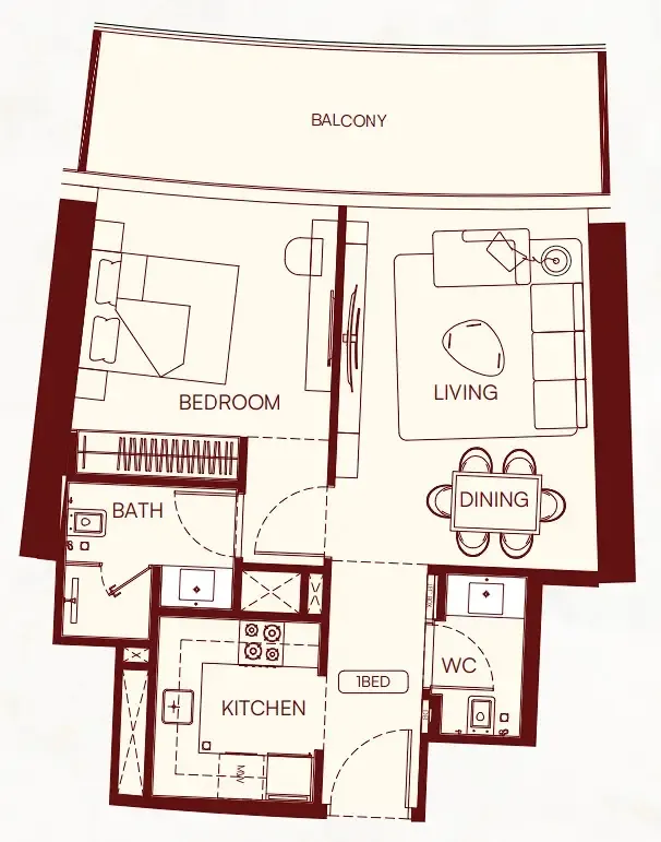 Binghatti Skyflame 1 bed floor plan, 721 sqft