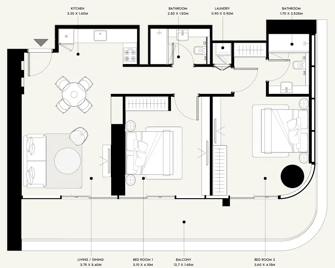 Azizi Milan 2 bed floor plan, 1,160 sqft