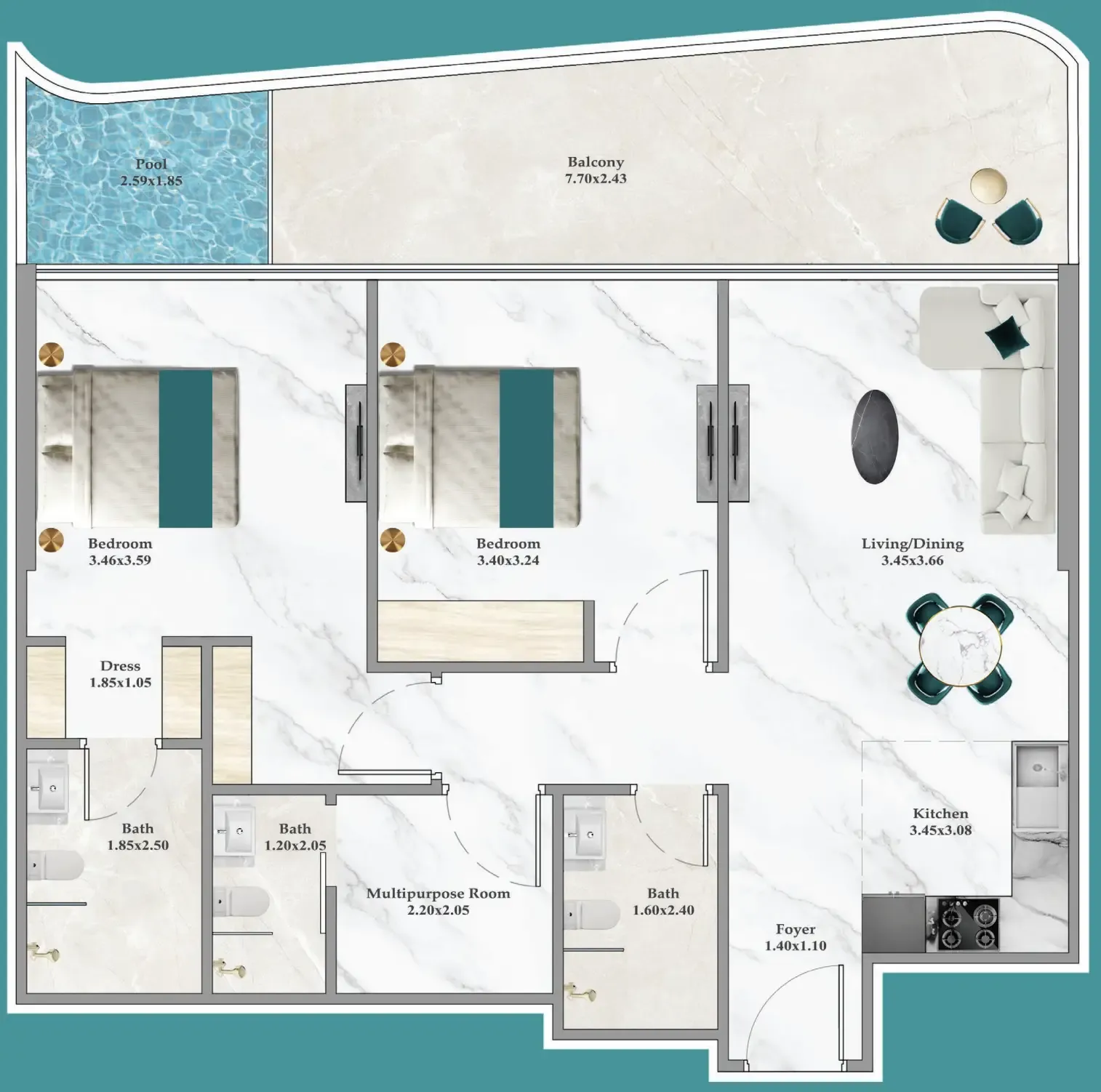 Breez 2 bed floor plan, 1,026 sqft