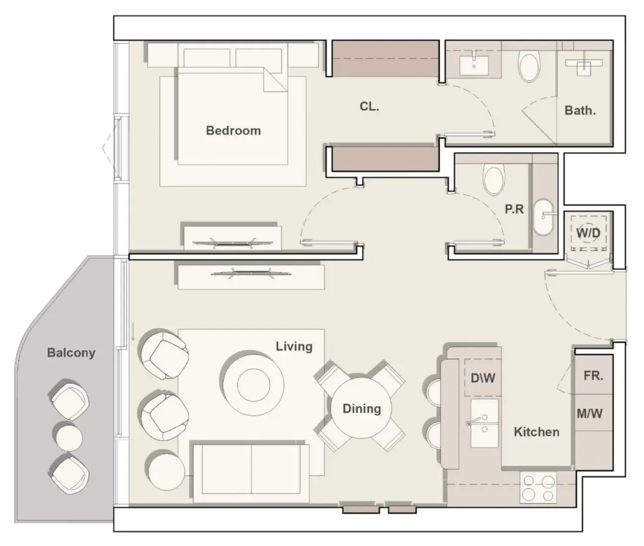 Costa Mare 1 bed floor plan, 744 sqft
