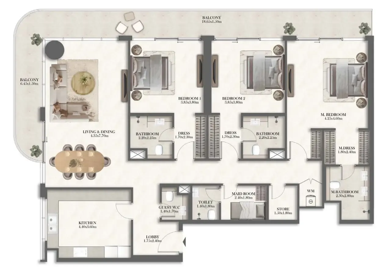 Rotana Residences North Tower 3 bed floor plan, 2,121 – 2,208 sqft