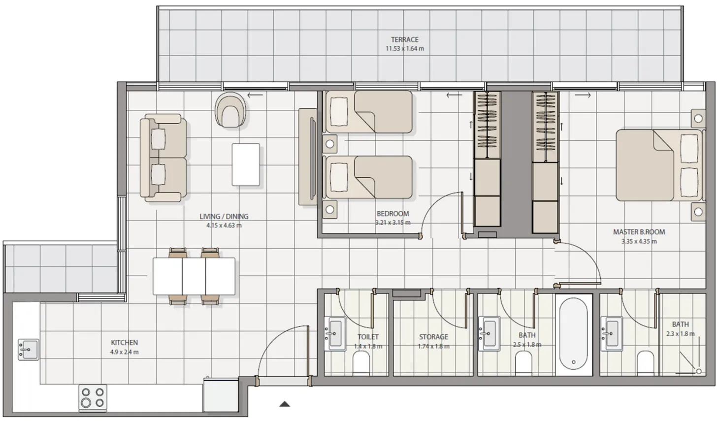 The Icon Tower 2 bed floor plan, 1,234 sqft