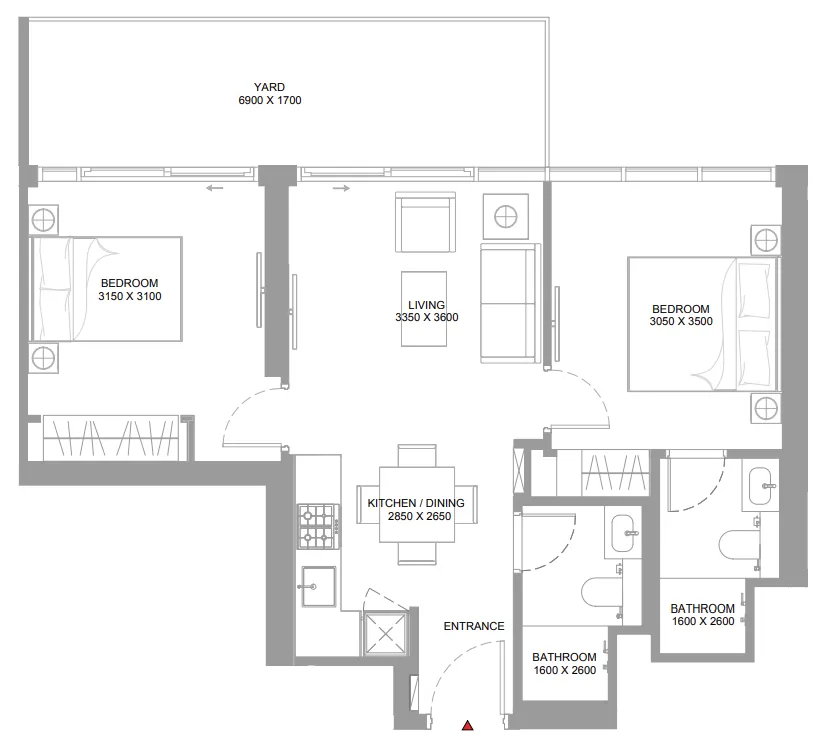 Canalside Marina Residences 2 bed floor plan, 806 – 807 sqft