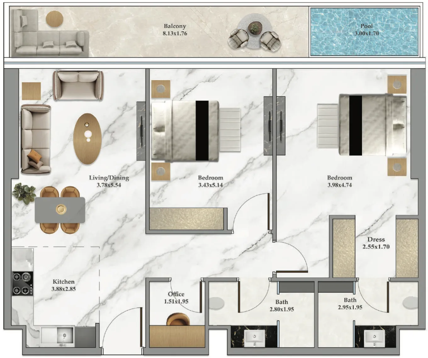 Bayz 102 2 bed floor plan, 1,209 sqft