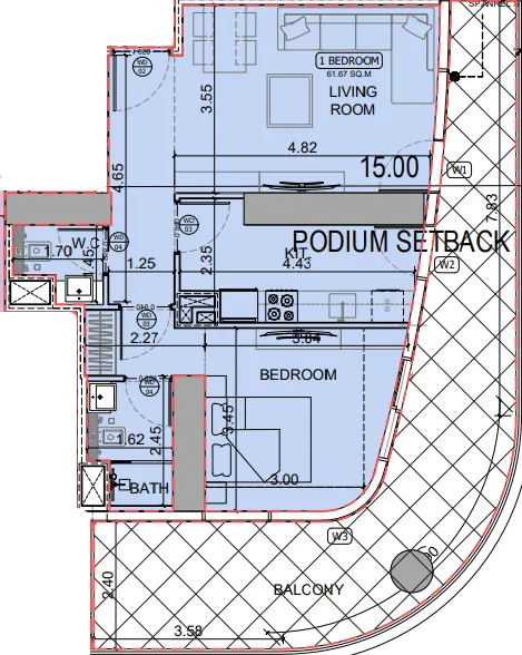 Binghatti Skyhall 1 bed floor plan, 993 sqft