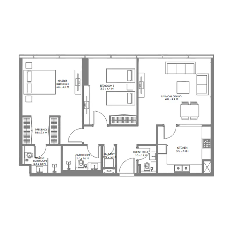 The Gate 3 and 4 2 bed floor plan, 1,078 – 1,083 sqft