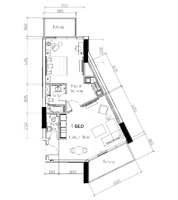 Damac Hills - Radisson Dubai 1 bed floor plan, 901 sqft