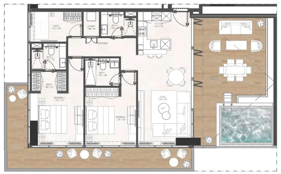 Gharbi 2 Residences 2 bed floor plan, 1,627 – 1,628 sqft