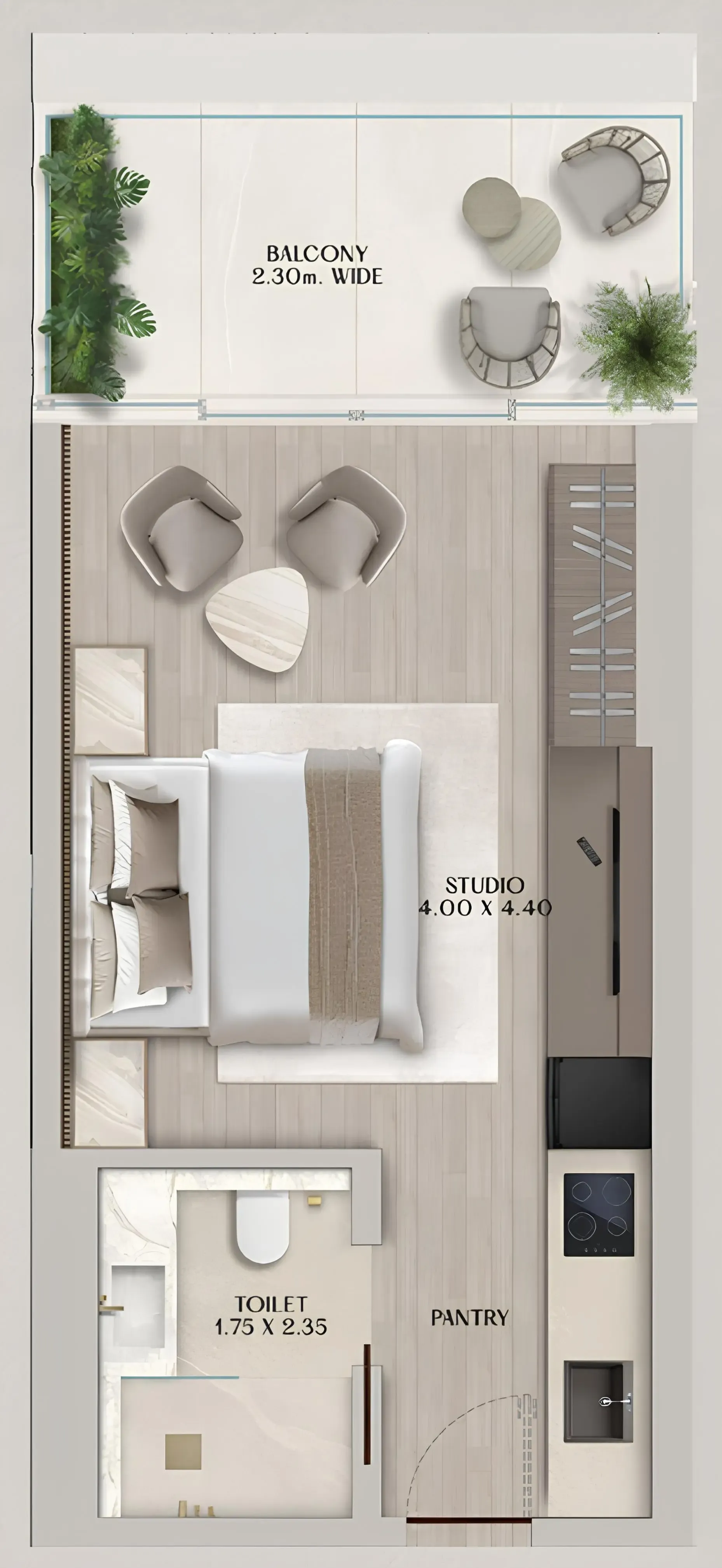 Soléva Beach Residences Studio floor plan, 425 sqft
