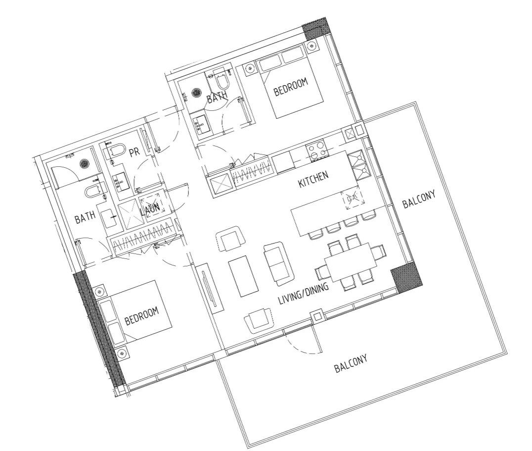 Damac District 2 bed floor plan, 1,296 sqft