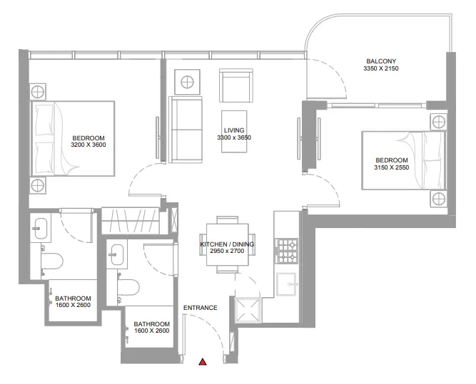 Pierside Marina Residences 2 bed floor plan, 686 – 688 sqft