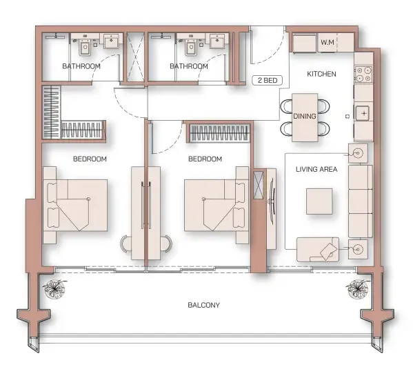 Binghatti Pinnacle 2 bed floor plan, 1,068 sqft