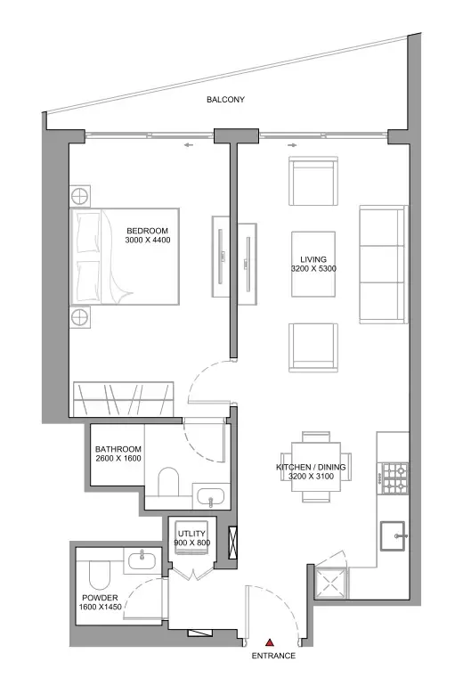 The Serene at Sobha Central 1 bed floor plan, 744 sqft