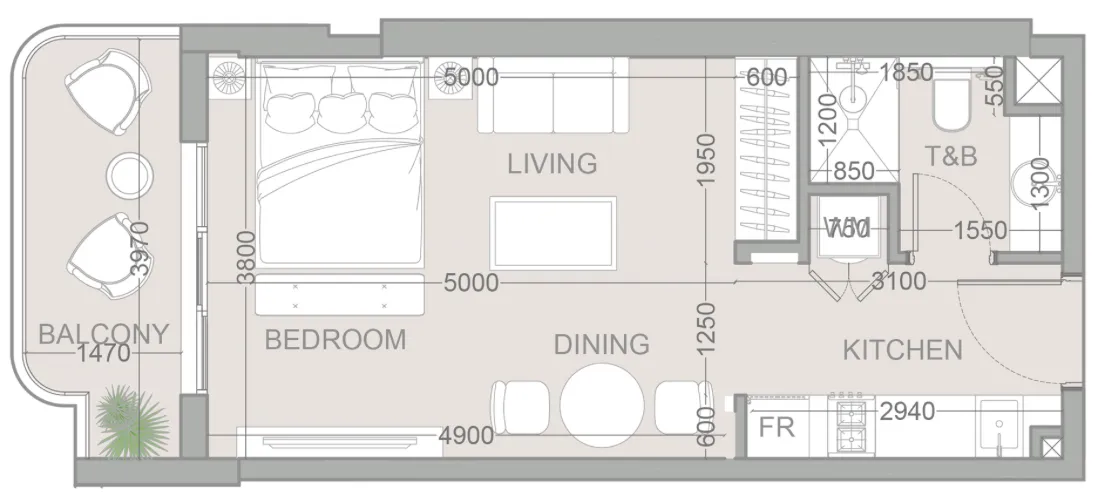 TETR1S Tower Studio floor plan, 445 sqft