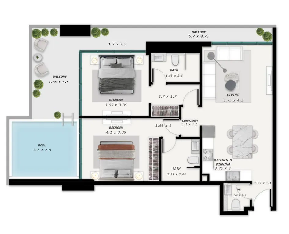 Samana Park Meadows 2 bed floor plan, 1,176 sqft