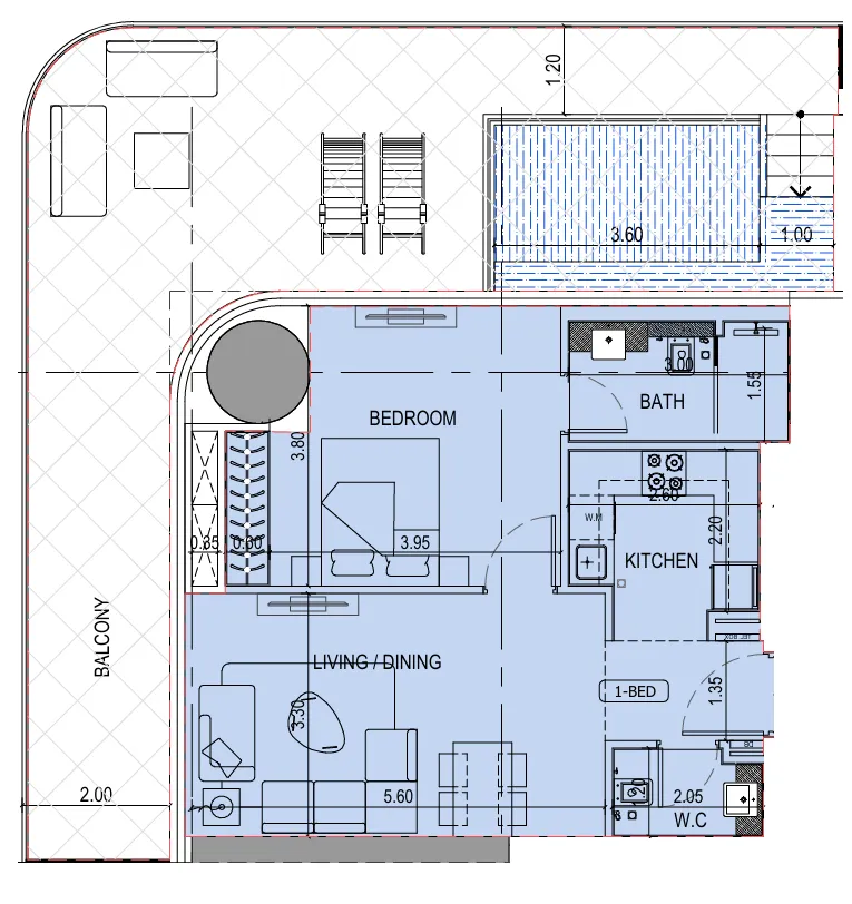 Binghatti Sky Terraces 1 bed floor plan, 1,252 – 1,277 sqft