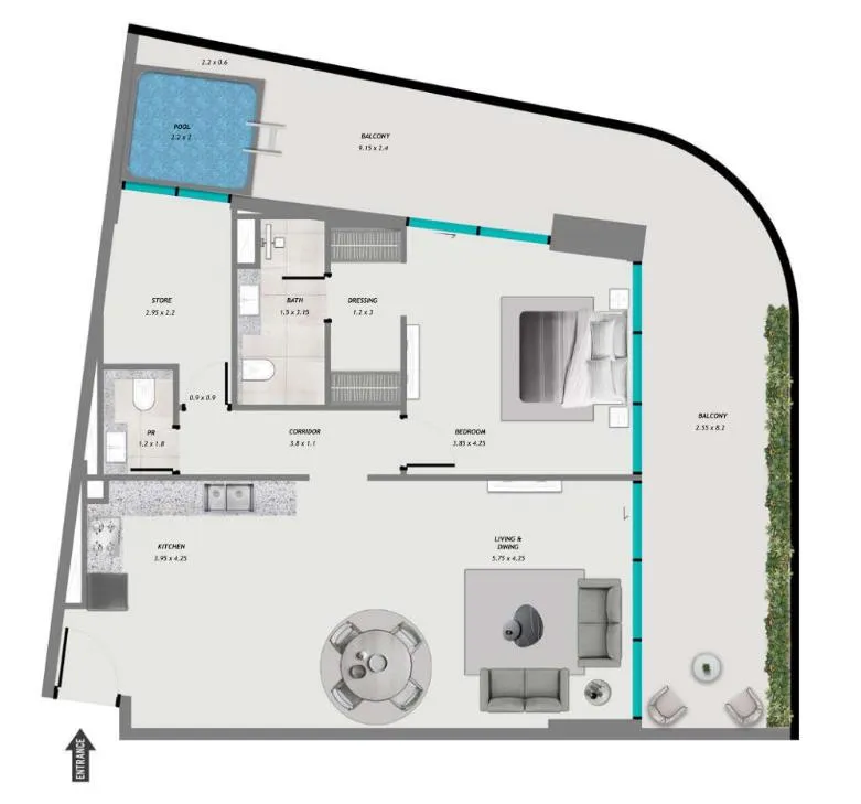 Samana Resorts 1 bed floor plan, 1,422 sqft
