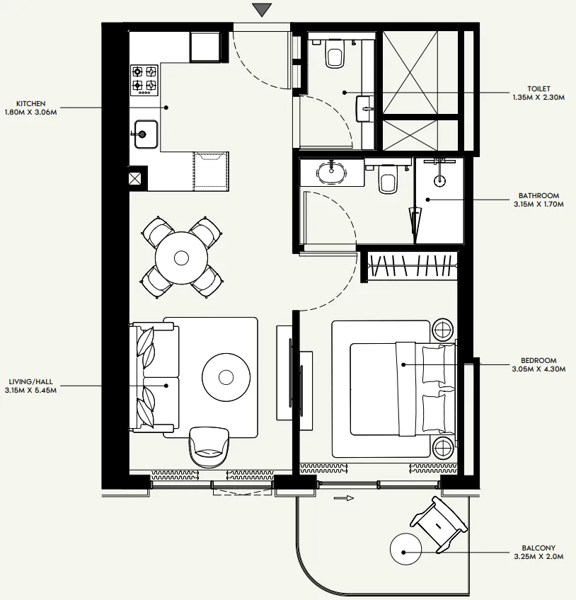 Azizi Venice 1 bed floor plan, 666 sqft