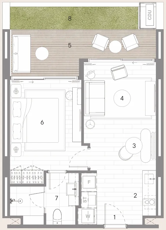 Sudara 1 bed floor plan, 700 sqft