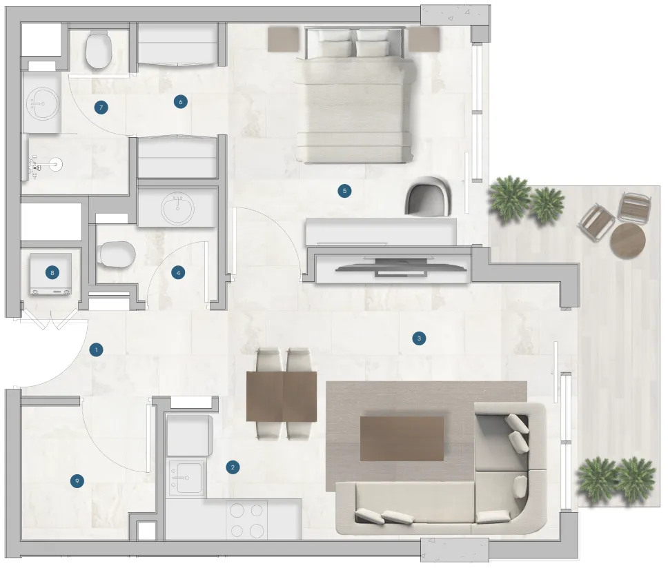 Sola Residences 1 bed floor plan, 736 sqft