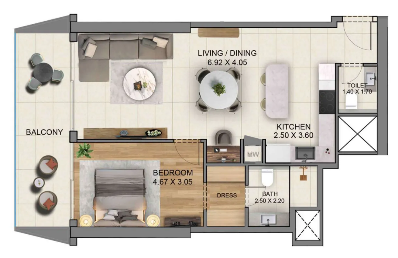 Sky Hills Residence 3 1 bed floor plan, 973 sqft