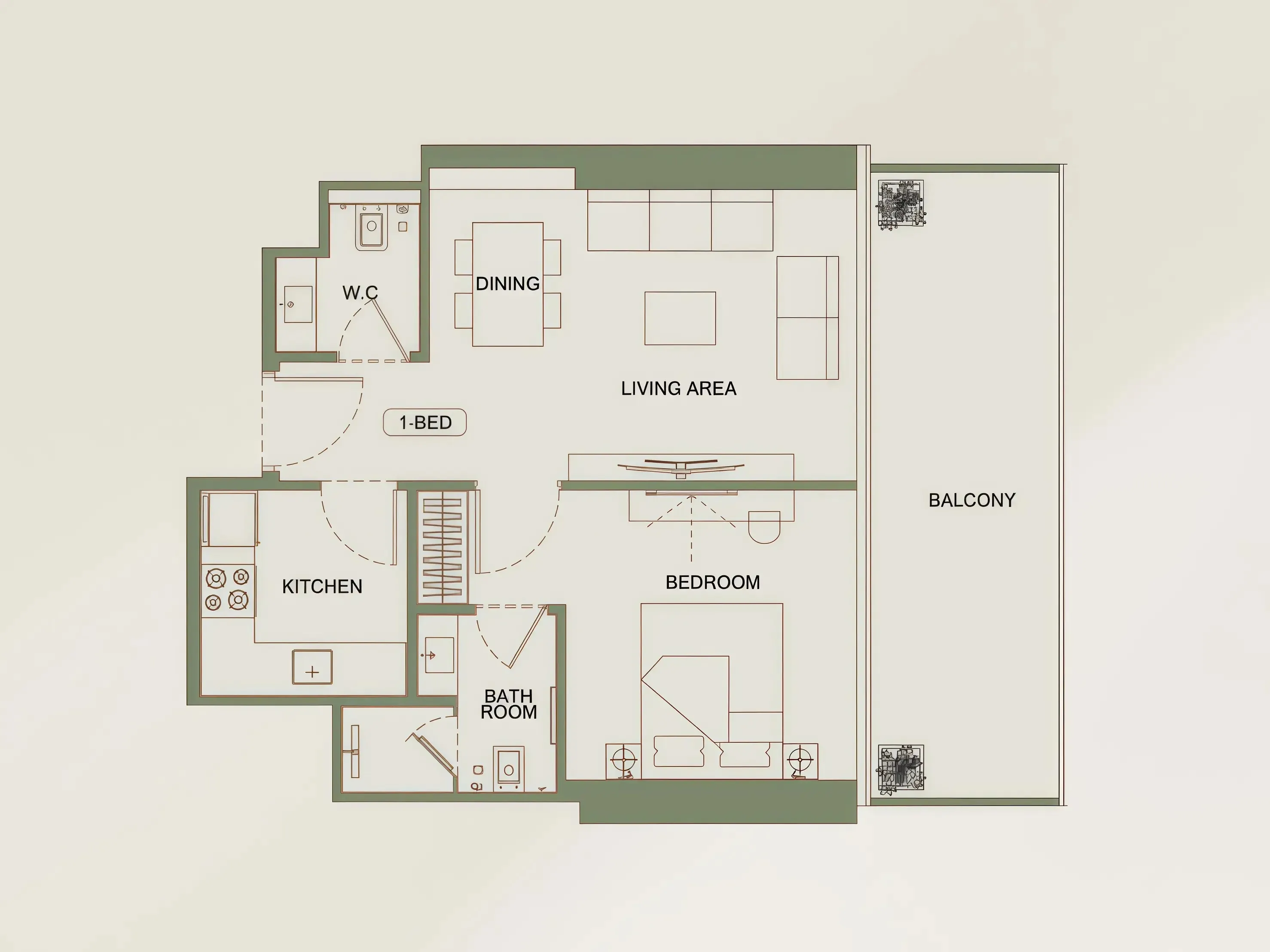 Binghatti Vintage 1 bed floor plan, 704 sqft
