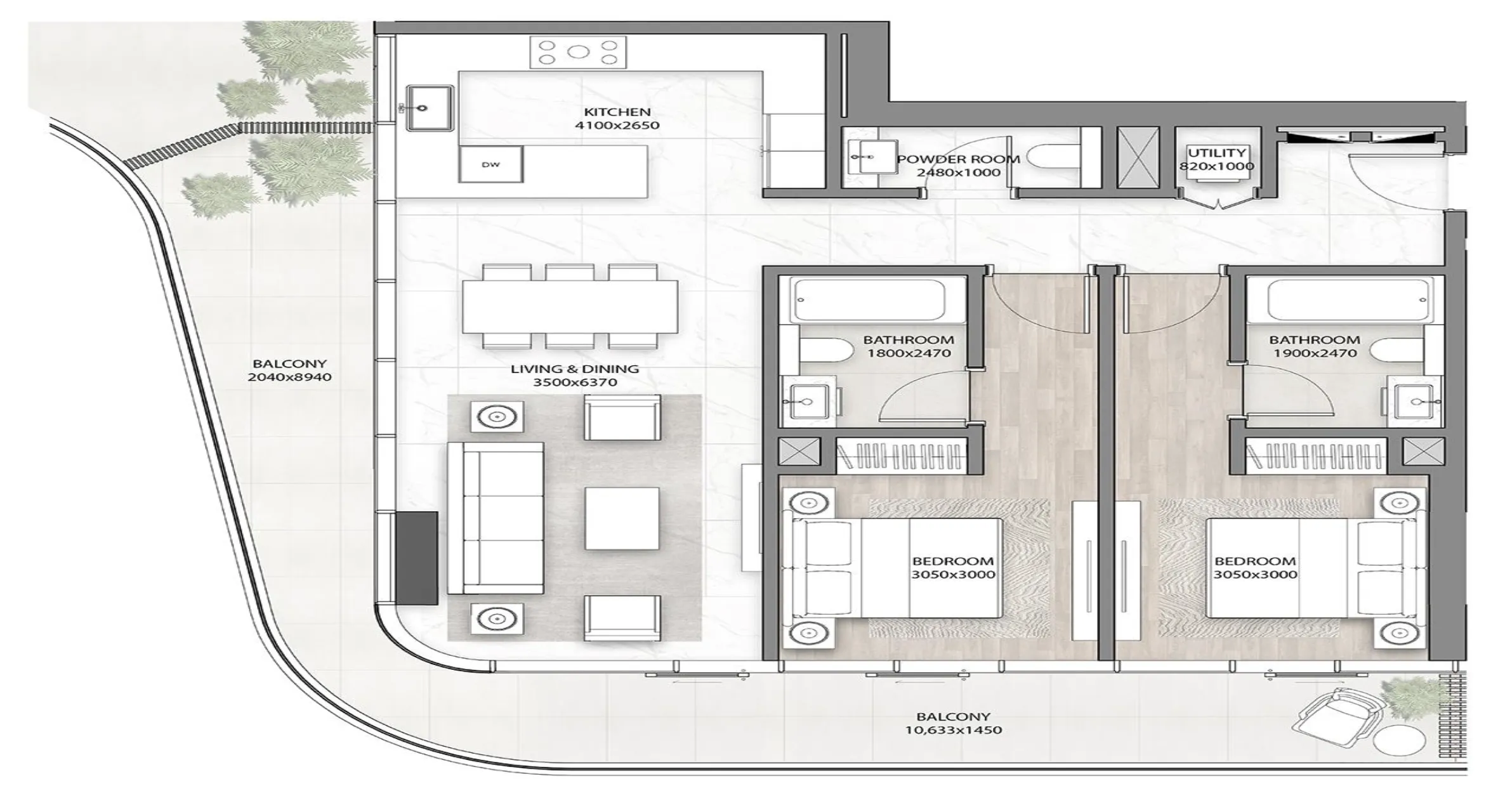 DG1 Living 2 bed floor plan, 1,358 sqft