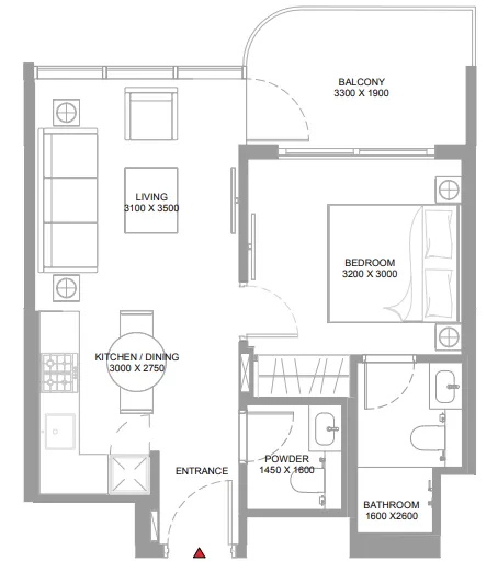 Yachtside Marina Residences 1 bed floor plan, 547 sqft