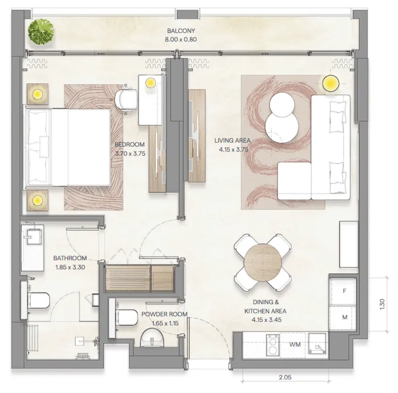 Bloom Arjaan by Rotana  1 bed floor plan, 714 – 738 sqft