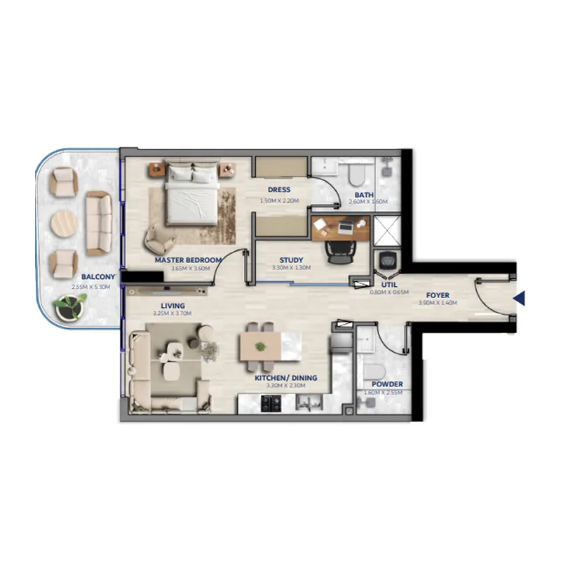Vedaire Residences 1 bed floor plan, 859 – 871 sqft