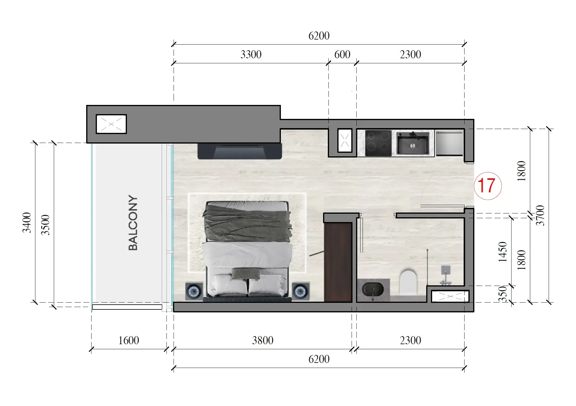 Auresta Tower Studio floor plan, 329 sqft