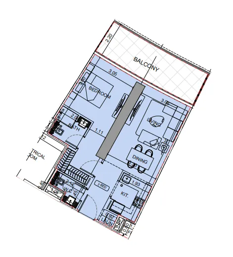 Binghatti Aquarise 1 bed floor plan, 791 sqft