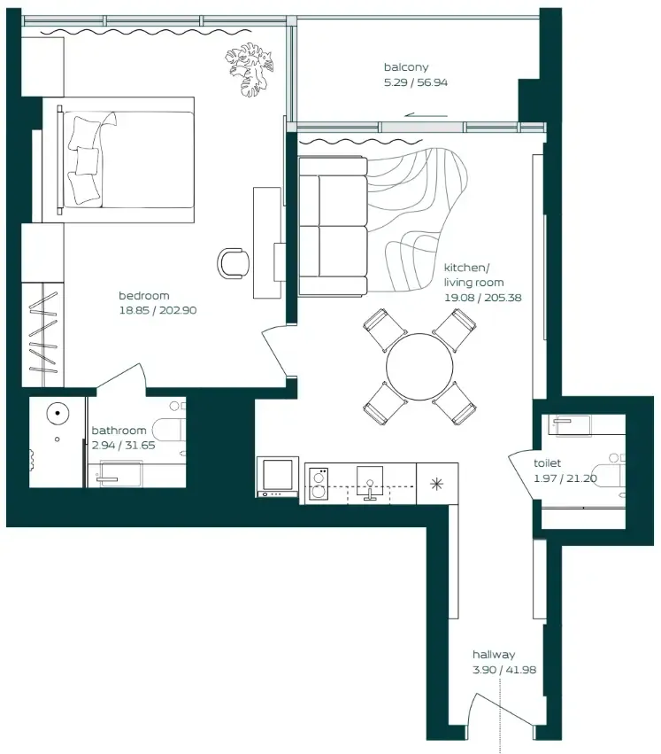 Vibe 1 bed floor plan, 644 sqft