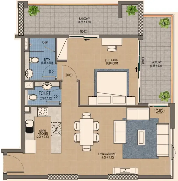 Triana Residences 1 bed floor plan, 999 sqft