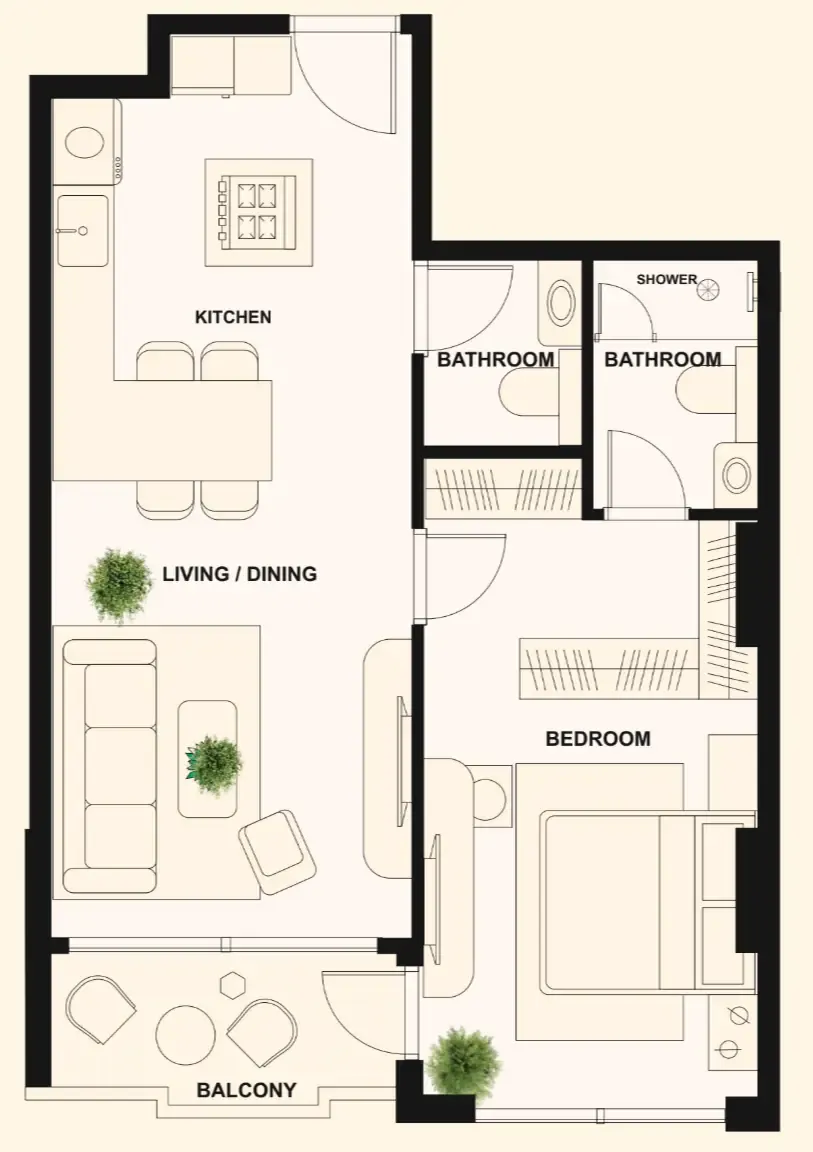 The Elysian 1 bed floor plan, 717 sqft