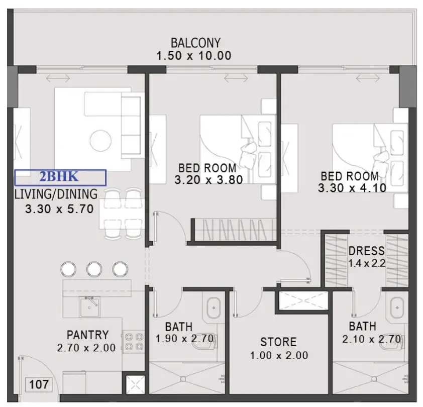 One By Preston 2 bed floor plan, 1,060 sqft