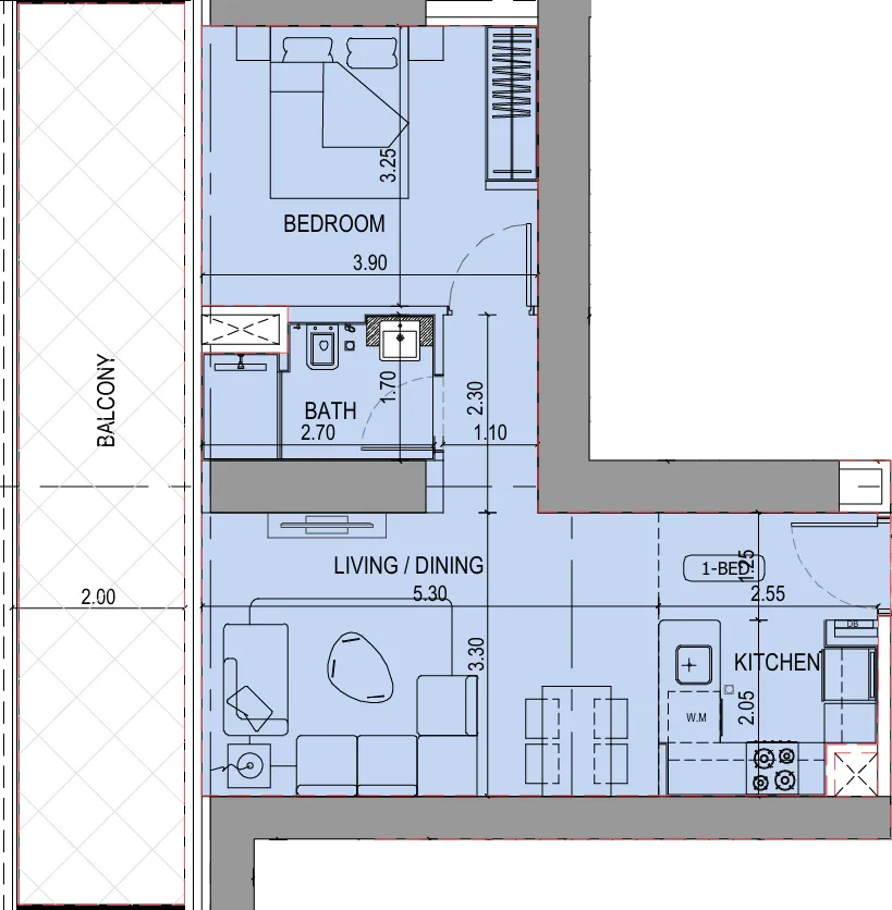 Binghatti Sky Terraces 1 bed floor plan, 816 – 827 sqft