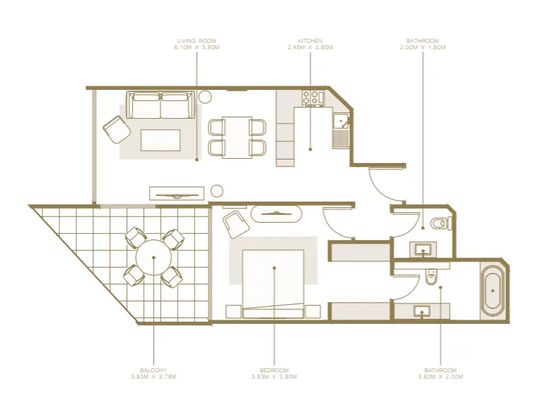 Azizi Mina 1 bed floor plan, 1,215 sqft