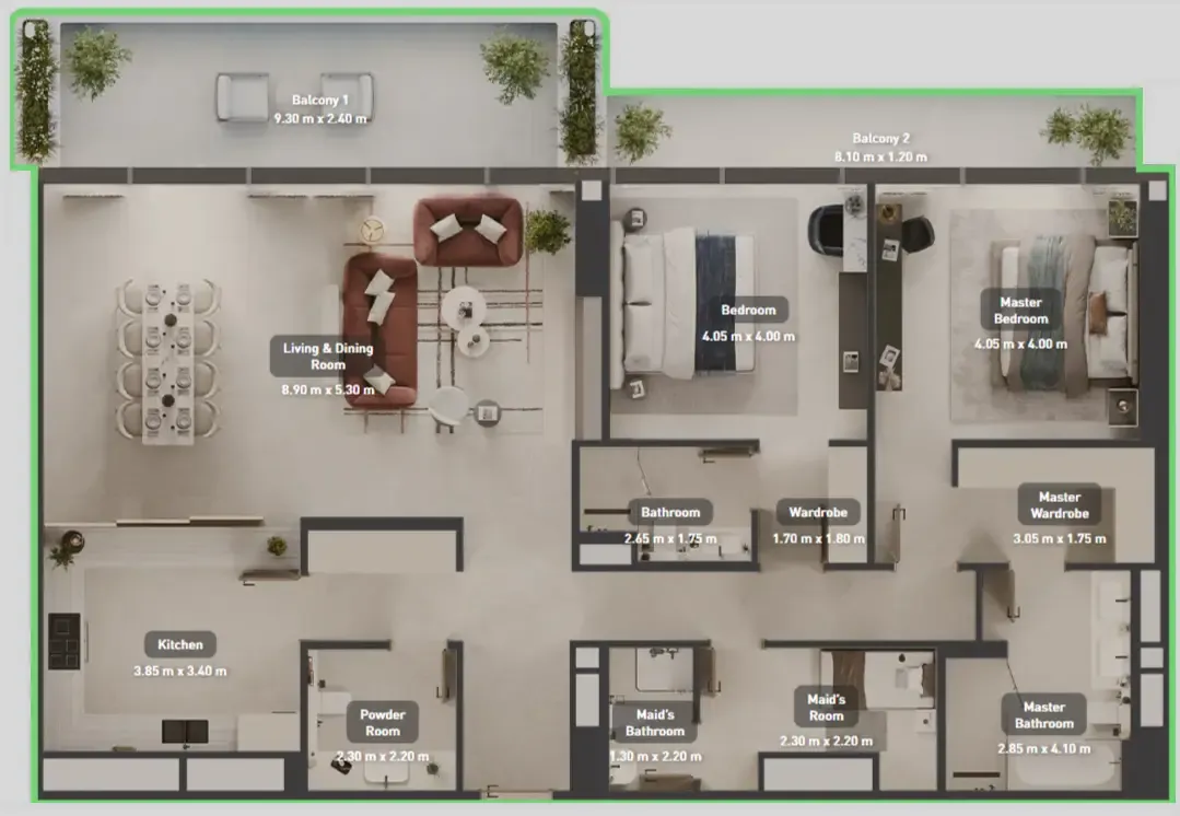 Luluat Marina at Luluat Al Raha 2 bed floor plan, 2,056 sqft