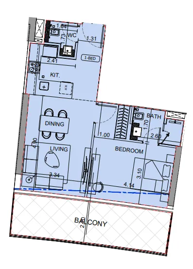 Binghatti Aquarise 1 bed floor plan, 811 sqft