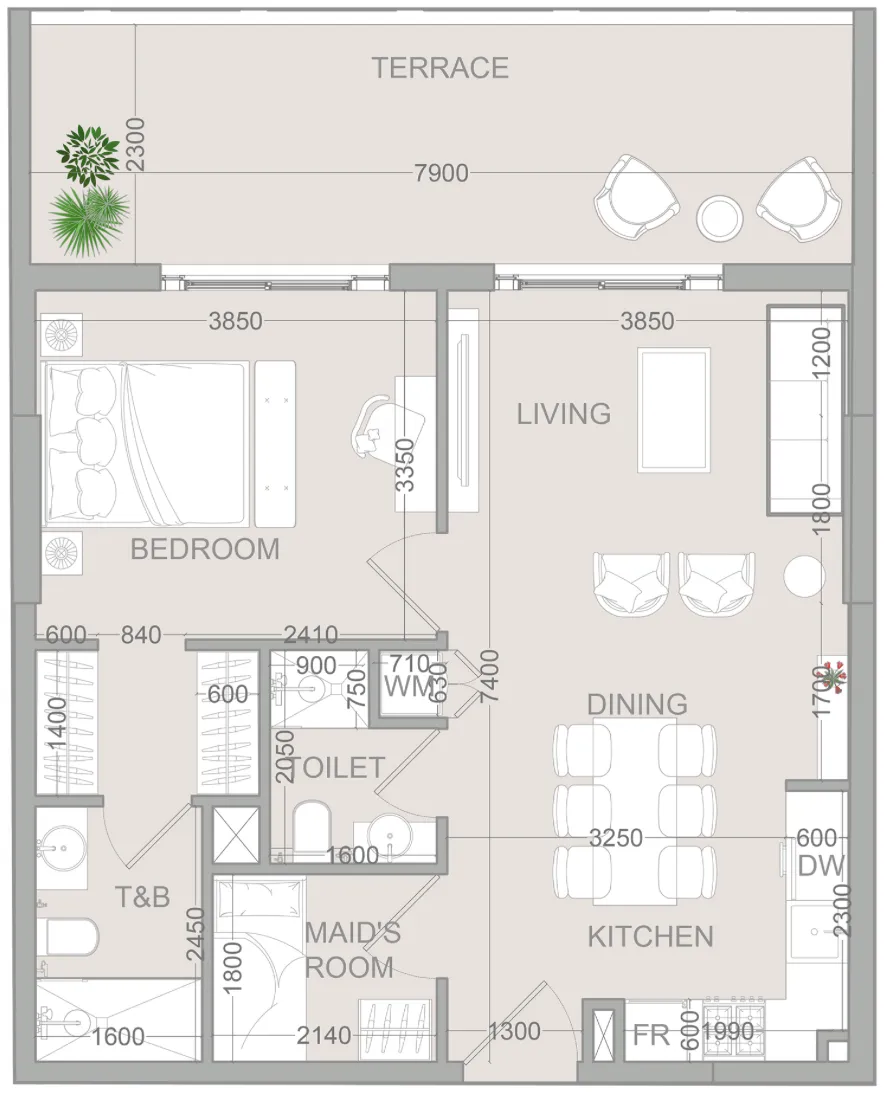 TETR1S Tower 1 bed floor plan, 884 sqft