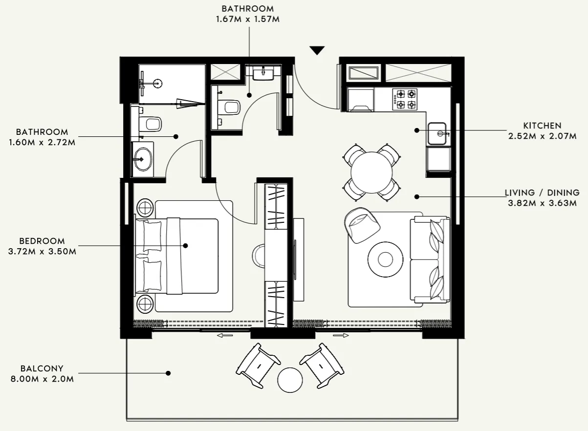 Azizi Venice 1 bed floor plan, 724 sqft