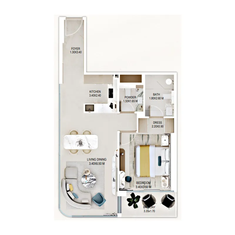 Rabdan Gardens 1 bed floor plan, 745 sqft